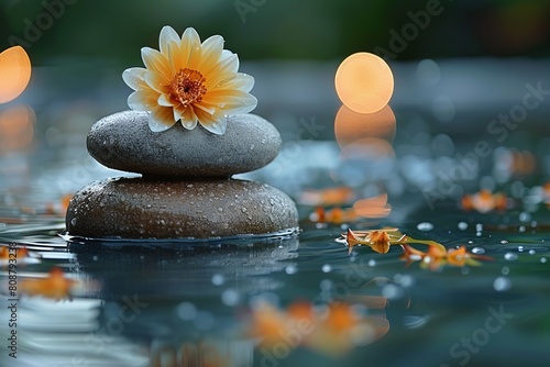 Spa background with stones, flower on water photo