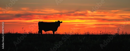 summer background with a cow standing in tall grass under an orange sky, with its long legs visible in the foreground