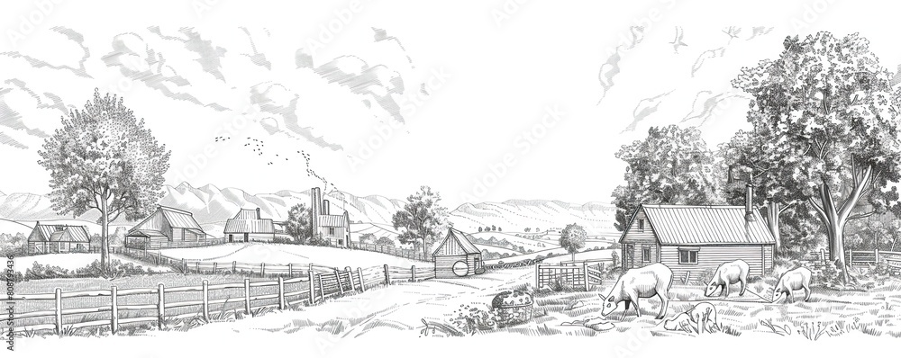 summer background featuring a white horse grazing in a field surrounded by tall trees, with a wooden fence in the foreground and a white sky overhead summer background featuring a white horse grazing in a field surrounded by tall trees, with a wooden fence in the foreground and a white sky overhead