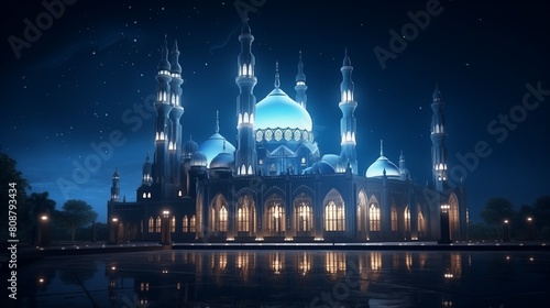 A glowing Intricate mosque building and architecture at night