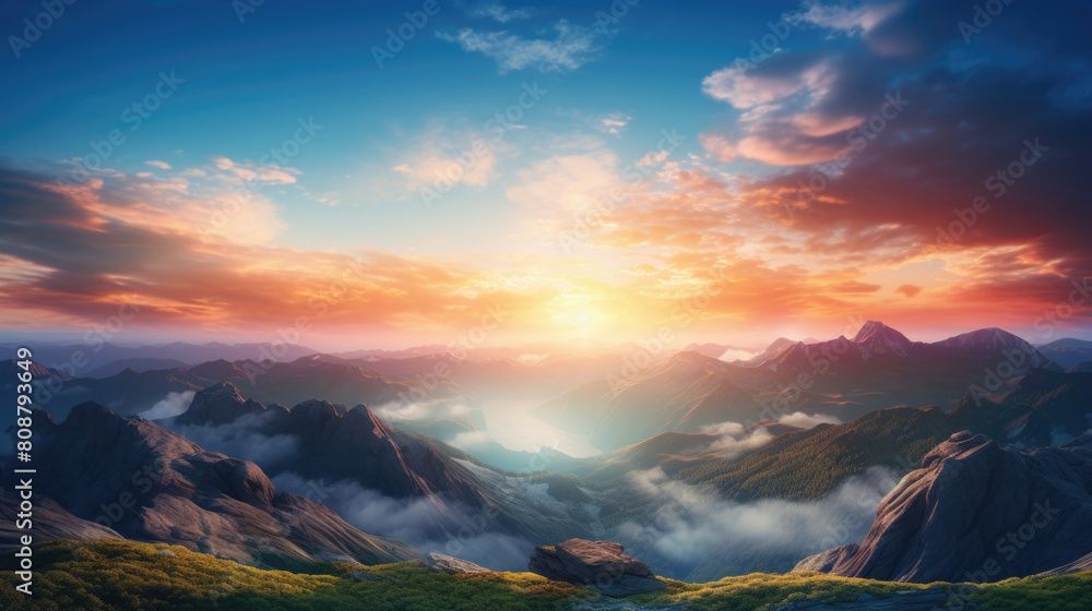 Breathtaking view of vibrant sunrise or sunset over rugged mountain peaks with clouds Breathtaking view of vibrant sunrise or sunset over rugged mountain peaks with clouds