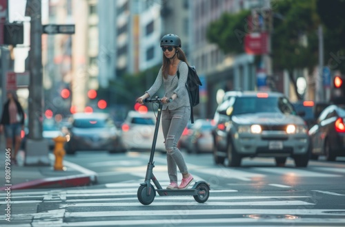 Young beautiful girl riding an electric scooter in the summer on the street © Ruslan Gilmanshin