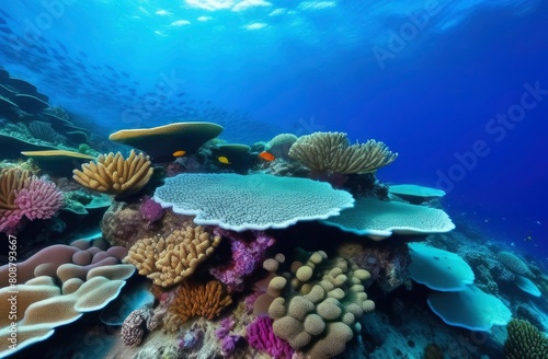 Colorful coral reef at the bottom of tropical sea,