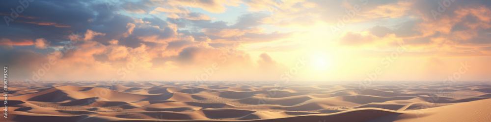 Sand dunes under sunset or sunrise glowing sky with clouds, dramatic desert landscape