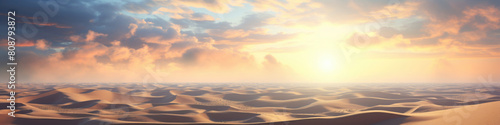 Sand dunes under sunset or sunrise glowing sky with clouds  dramatic desert landscape