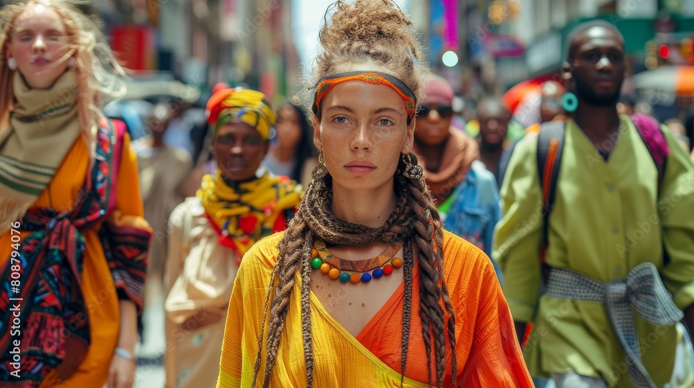 Young Woman with Colorful Headband and Beads Walking in Urban Crowd. Generative ai