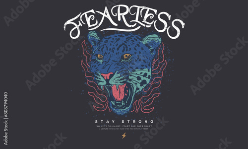 Fearless leopard face print design for t shirt and others. Fire artwork.