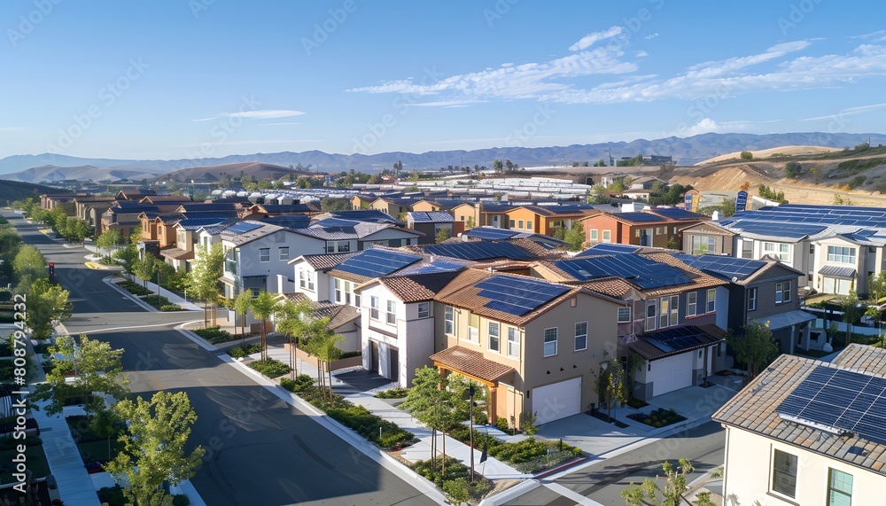 Aerial view of residential houses with solar panels on the roofs with green trees