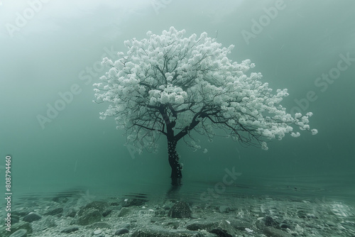 ghostly underwater tree with blossoms