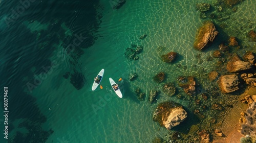 A mesmerizing aerial view of two kayakers gliding through the electric blue waters of the ocean  surrounded by marine life and underwater landscape AIG50
