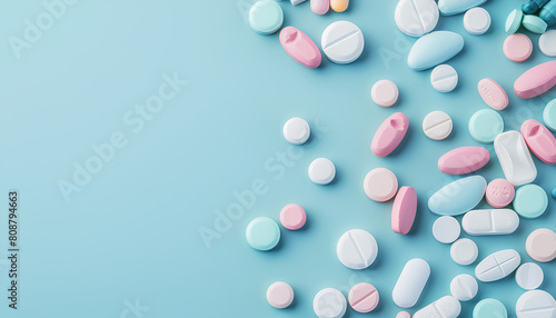 Many antibiotic pills on light blue background  top view. Space for text