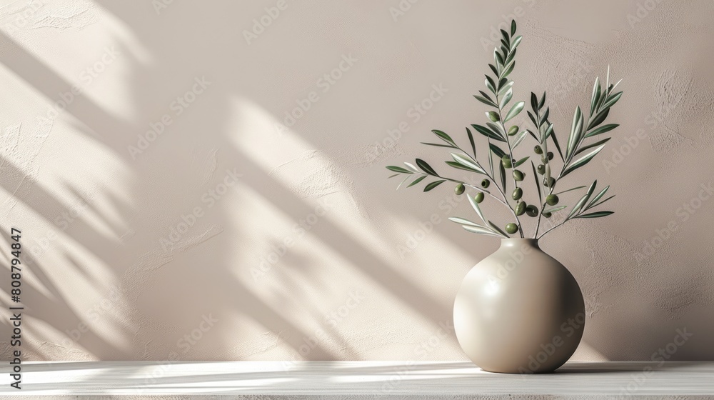 A beautiful still life image of a vase of olive branches on a wooden table against a beige background. A beautiful still life image of a vase of olive branches on a wooden table against a beige background.