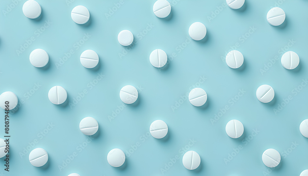 Many antibiotic pills on light blue background, top view. Space for text Many antibiotic pills on light blue background, top view. Space for text