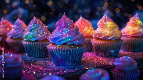 fantasy desserts, an otherworldly feast: radiant cupcakes crafted from stardust and moonbeams, a surreal food wonderland shimmering beneath the starry night photo