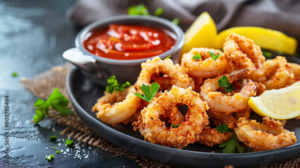 Crispy fried calamari rings served with marinara sauce and lemon wedges. Crispy fried calamari rings served with marinara sauce and lemon wedges.