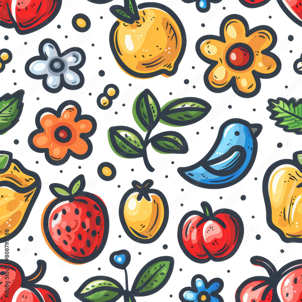 Pattern design with child-drawn flowers and fruits on a white background. Pattern design with child-drawn flowers and fruits on a white background.