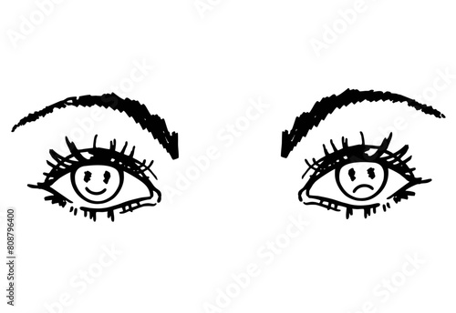 Hand-drawn the eyes. Positive and negative emotions concept sketch. Smiling and a crying faces in the pupils. Emotional instability, ambivalence, bipolar disorder