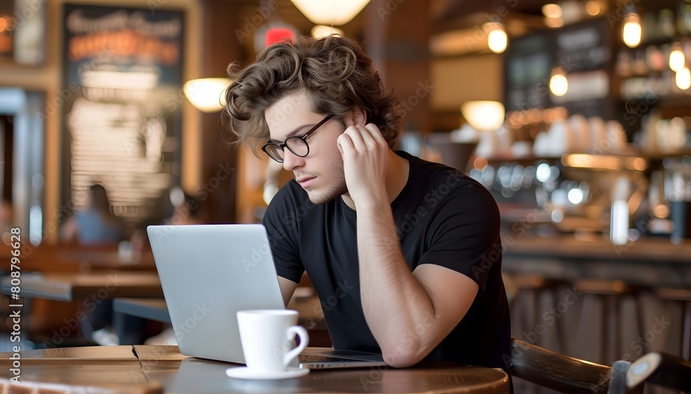 Focused Man Working on Laptop in Café