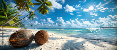 Tranquil Caribbean Beach, Soft Sand and Clear Waters, Palm Trees Under a Sunlit Sky, Perfect Island Getaway