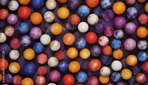 Colorful circles or balls in modern abstract background, creative graphic art pattern, blue purple white black yellow orange and red colours with grunge texture and geometric pattern