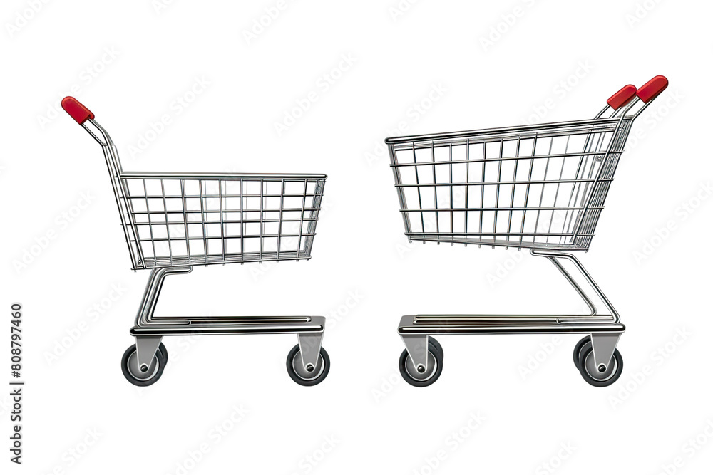 Side view of an empty metallic shopping cart isolated on transparent background Side view of an empty metallic shopping cart isolated on transparent background