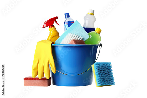 Bucket full of cleaning supplies isolated on transparent background