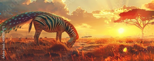 summer background featuring a zebra and a tree  with the sun shining brightly in the background