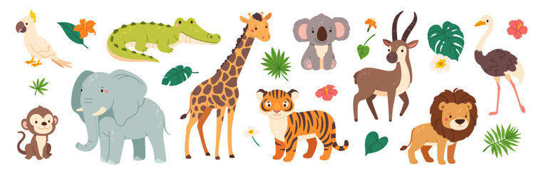 Foto auf Acrylglas Zoo Funny safari animals. Cute cartoon kids animal character. Wild tiger, giraffe, happy koala, African crocodile, jungle monkey. Jungle plant and decorative elements. Vector collection  © Foxy Fox