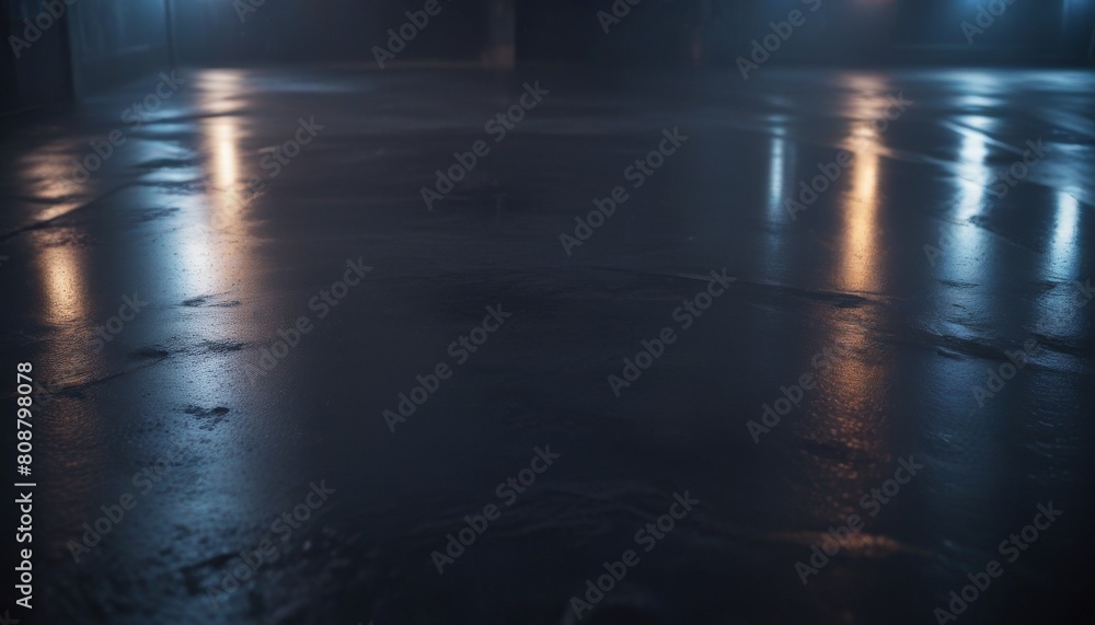 Dark street, wet asphalt, reflections of rays in the water. Abstract dark blue background, smoke, smog. Empty dark scene, neon light, spotlights. Concrete floor Dark street, wet asphalt, reflections of rays in the water. Abstract dark blue background, smoke, smog. Empty dark scene, neon light, spotlights. Concrete floor