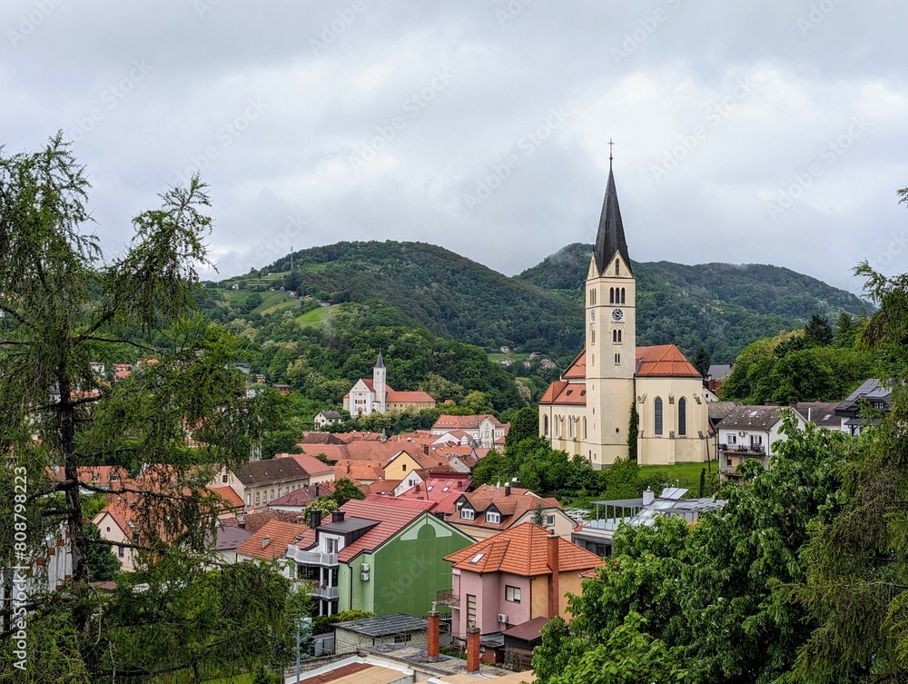 Beautiful hillside cityscape, St Nicholas Parish Church in Krapina, Croatia, Hrvatsko zagorje, buildings and architecture background, wallpaper	