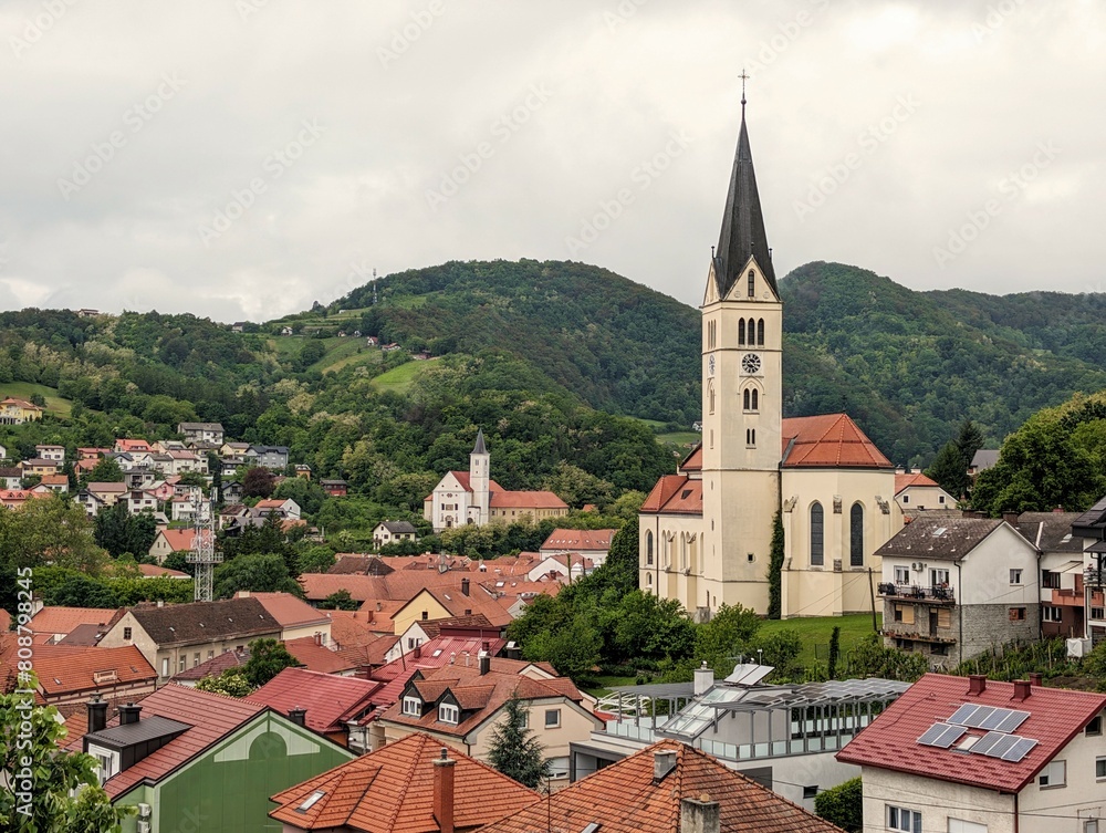 Beautiful hillside cityscape, St Nicholas Parish Church in Krapina, Croatia, Hrvatsko zagorje, buildings and architecture background, wallpaper	