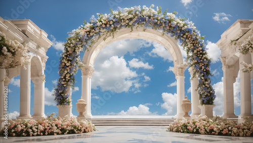 outdoor wedding venue. There is a white marble structure with a curved top, supported by two columns on each side. 