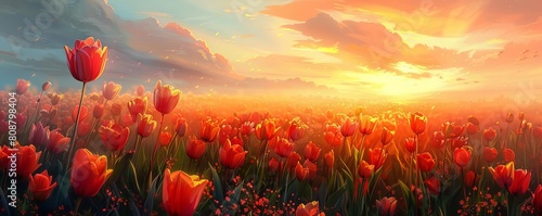 A panoramic digital painting capturing the moment of sunrise over a colorful field of tulips, with light rays piercing through morning mist #808798404