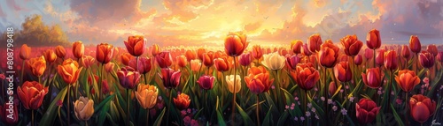 A hyperrealistic painting of the sun cresting the horizon behind a lush field of tulips  highlighting the texture and variety of the flowers