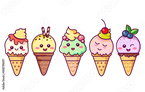 Kawaii Ice Cream cones characters. Muzzle with pink cheeks, winking eyes, pastel colors. Sweet kawaii smiling summer delicacy
