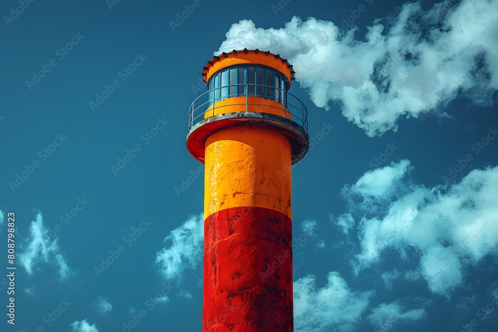 Vibrant Red and Yellow Lighthouse Against Vivid Blue Sky Vibrant Red and Yellow Lighthouse Against Vivid Blue Sky