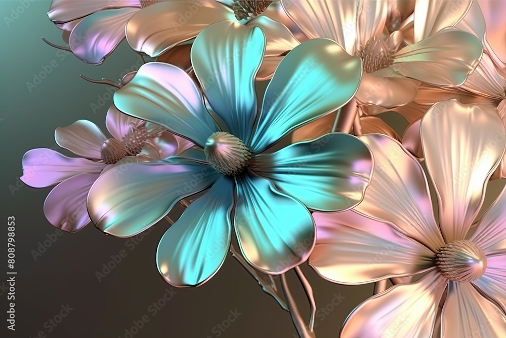 Metallic shiny flowers in shades of blue and pink, intricate petal designs background
