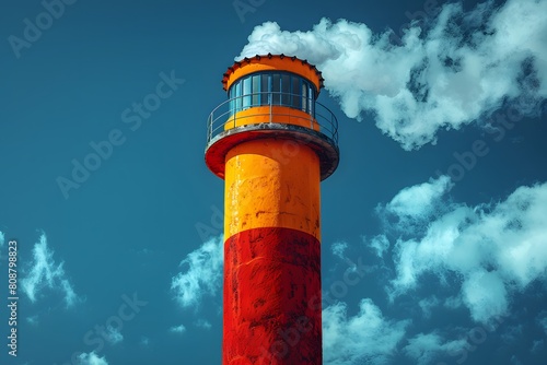 Vibrant Red and Yellow Lighthouse Against Vivid Blue Sky