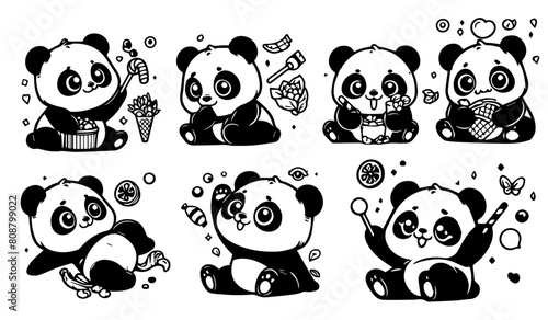 Black and White Cartoon Pandas Vector Illustration