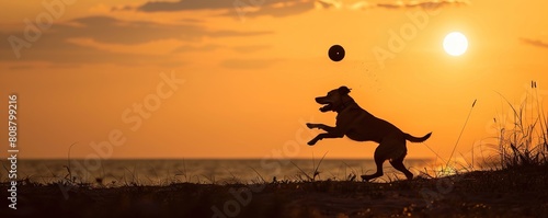 summer background with a dog jumping to catch a frisbee