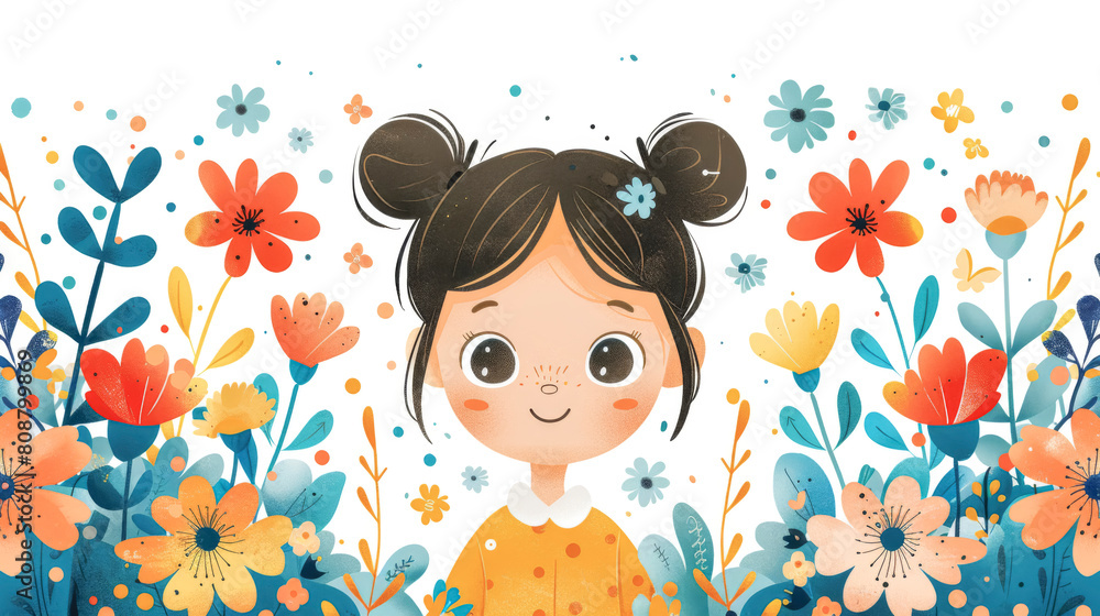 Drawn cute illustration with a girl and flowers on a white background. Drawn cute illustration with a girl and flowers on a white background.