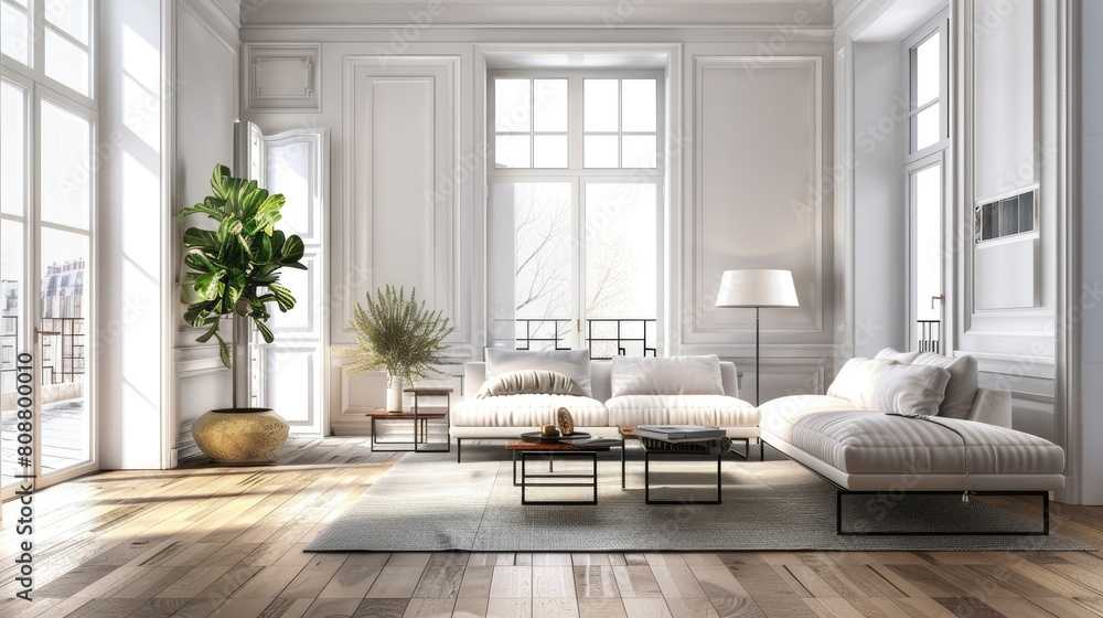 3D rendering of modern apartment interior with stylish furniture and wooden floor