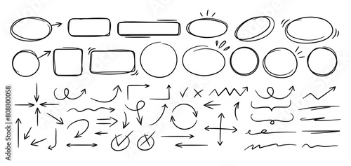 Sketch line frames, pointers. Doodle arrow, circle, oval and square shape frame, check mark elements. Freehand black marker, pen underline and navigation symbols. Vector set