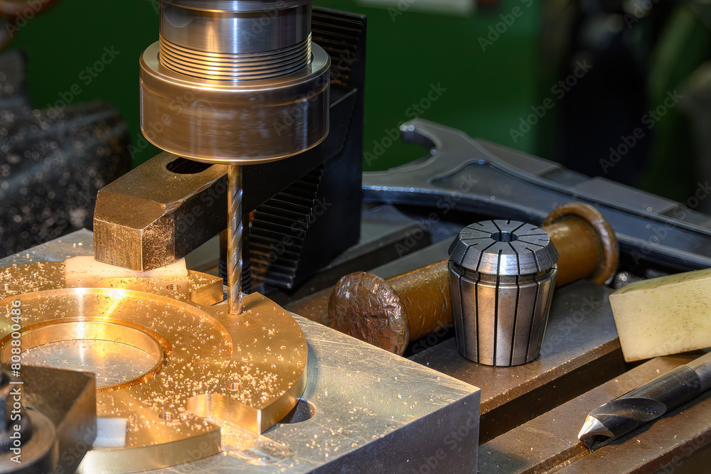 The drilling process on NC milling machine with brass material. The drilling process on NC milling machine with brass material.