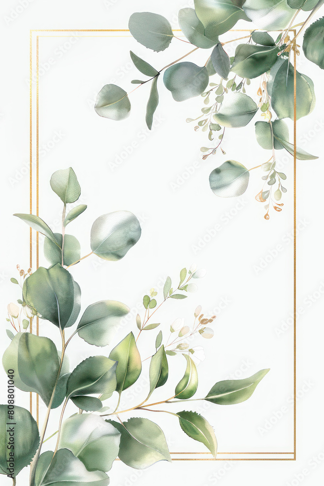 Elegant Frame with Eucalyptus leaves. Illustration of a delicate eucalyptus branch arrangement with gold frame, ideal for sophisticated stationery, invitation or background decoration. Elegant Frame with Eucalyptus leaves. Illustration of a delicate eucalyptus branch arrangement with gold frame, ideal for sophisticated stationery, invitation or background decoration.