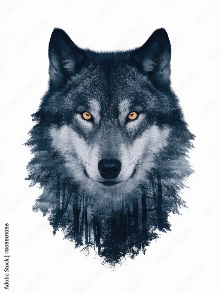 Wolf head on a white background with double exposure of the forest. Poster or t-shirt design.