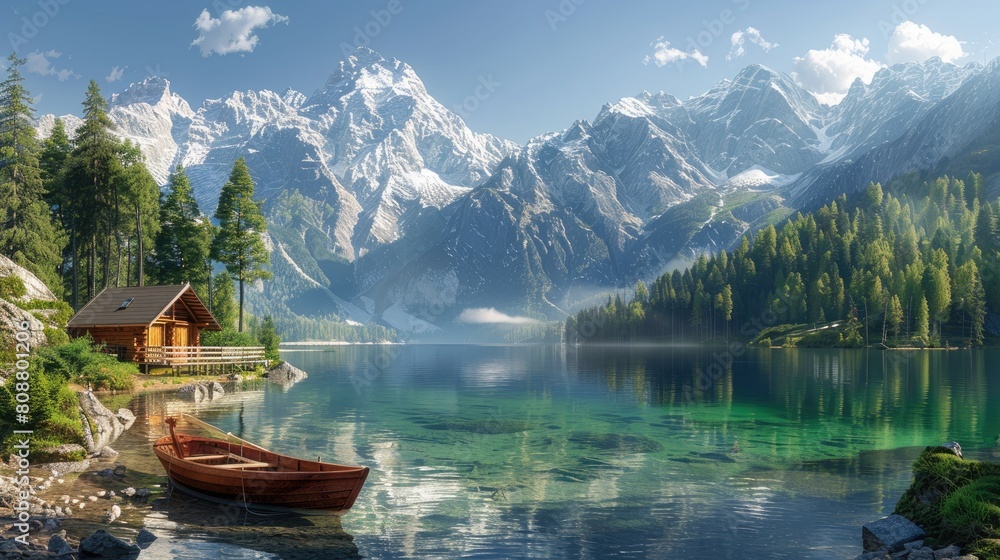 A serene mountain view with a wooden cabin beside a crystal clear alpine lake and a canoe
