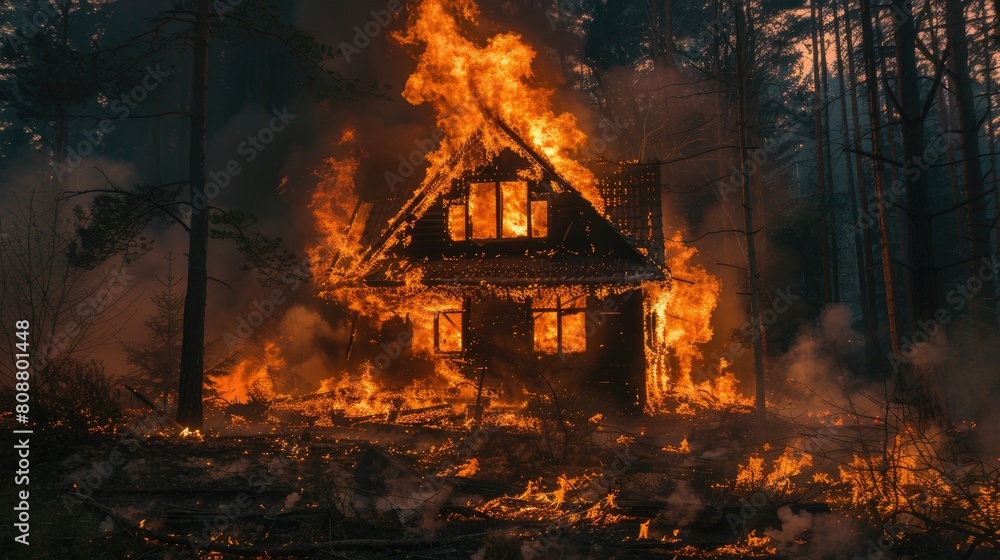 House engulfed in flames at night House engulfed in flames at night