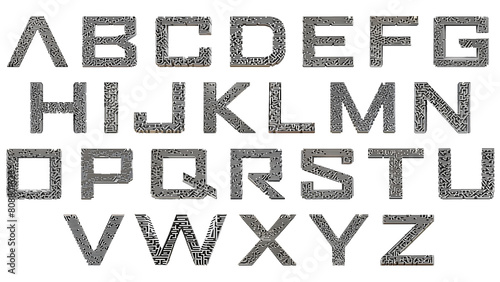 Highly Detailed 3D Maze, Metalic, Futuristic alphabet letters set, transparent background photo
