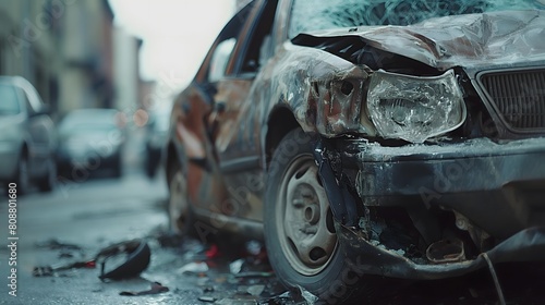 Severely damaged car on an urban street after an accident photo